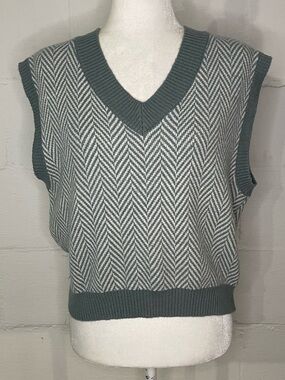 Sincerly Jules Two-Tone Herringbone V-Neck Sweater Vest in Sage Green & White